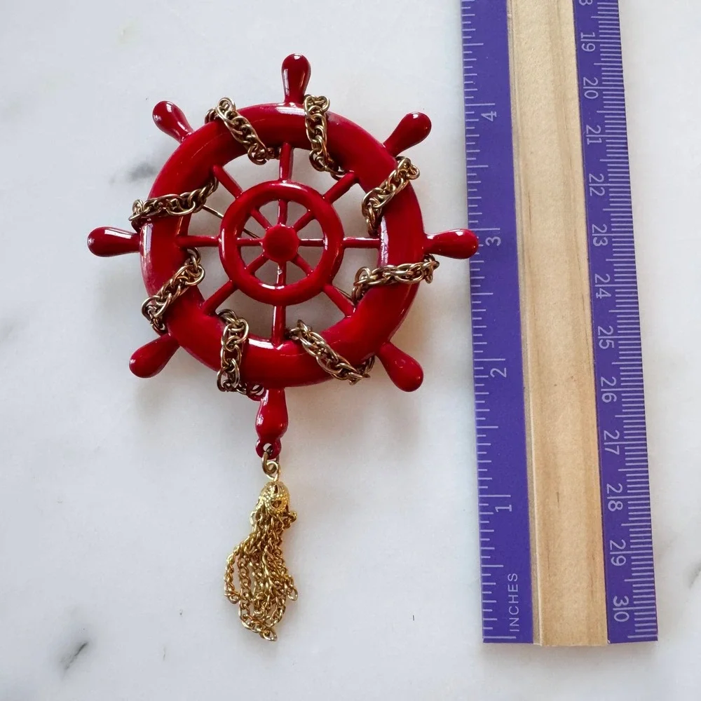 Vintage 1960s‎ Red Ship Wheel Brooch Gold Tassel Nautical Helm Pin Mid Century